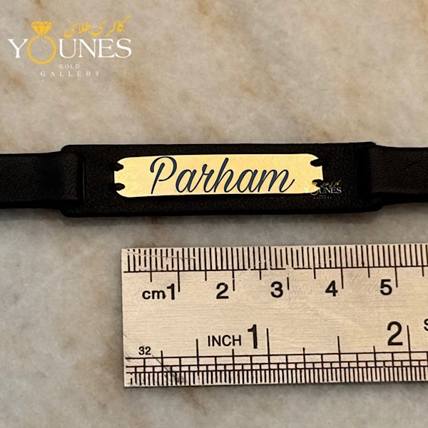 دستبند چرم مردانه طلا حکاکی اسم Parham پرهام